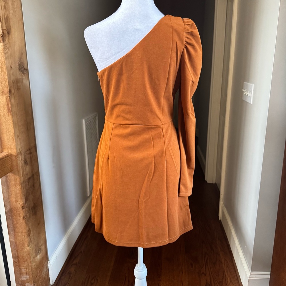 She + Sky One-Shoulder Dress in Warm Orange Rust - Picture 3 of 8